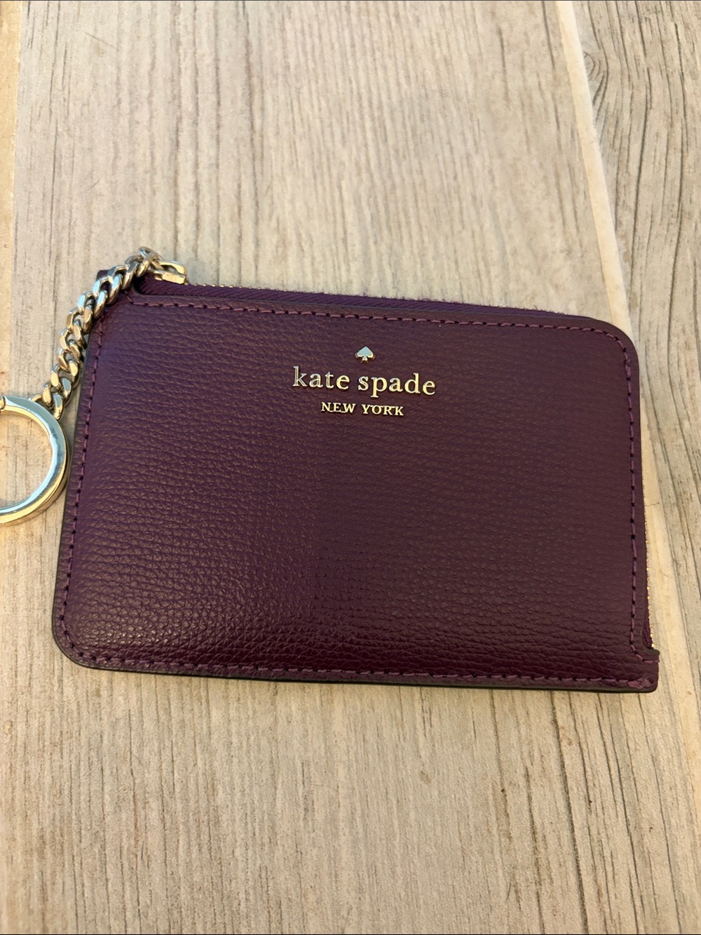 kate spade Plum Leather Zip Card Case with Gold Keyring